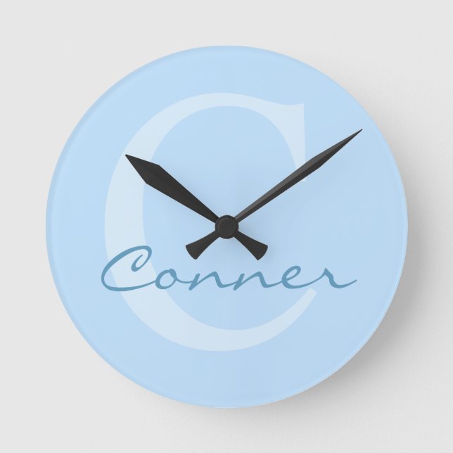 Baby-Blue Custom Monogram for Baby/Child's Room Round Clock (Front)