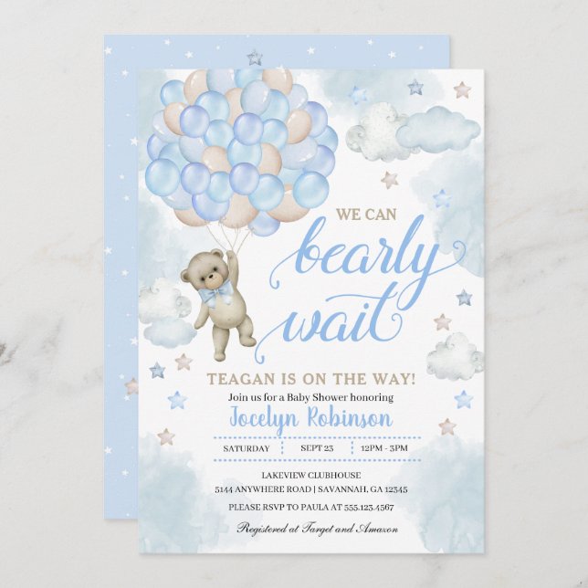 Baby Blue Cute Teddy Bear Balloons Baby Shower Invitation (Front/Back)