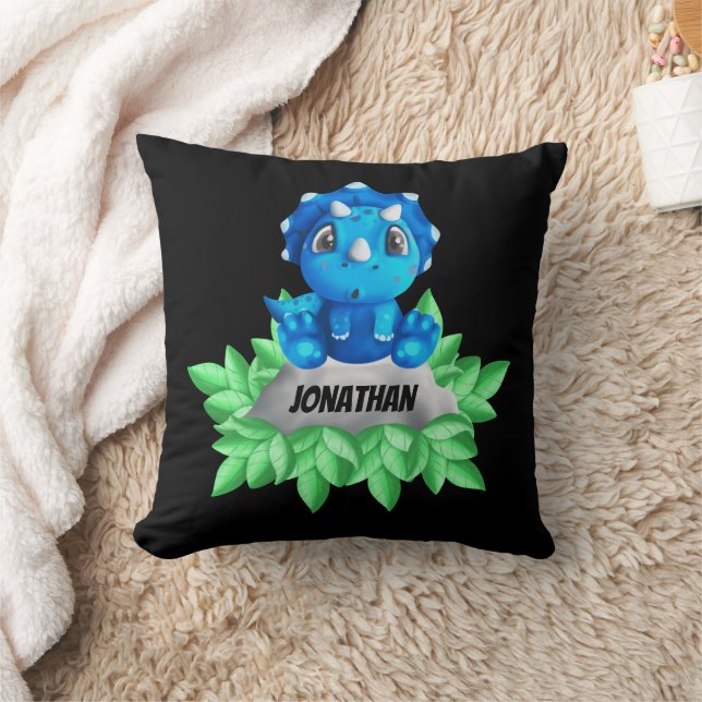 Baby Blue Dinosaur  Black Throw Pillow (Blanket)