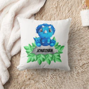 Baby Blue Dinosaur  White Throw Pillow