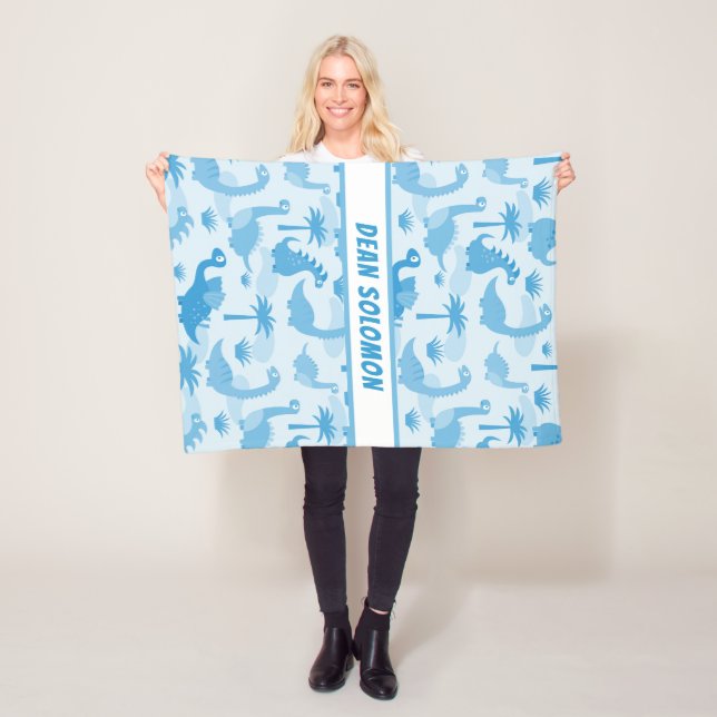 Baby Blue Dinosaurs Pattern Personalised Boys Fleece Blanket (In Situ)