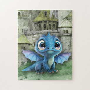 Baby Blue Dragon And Fantasy Mediaeval Castle Jigsaw Puzzle