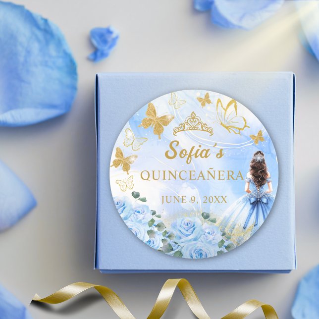 Baby Blue Dress Princess Glitter Quinceañera  Classic Round Sticker (Creator Uploaded)