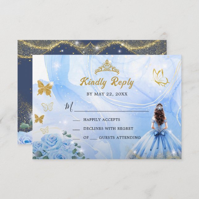 Baby Blue Dress Princess Glitter Quinceañera  RSVP Card (Front/Back)