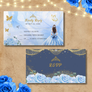 Baby Blue Dress Princess Glitter Quinceañera RSVP  Enclosure Card