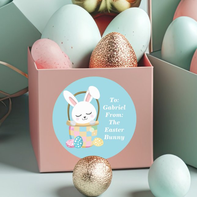 Baby Blue Easter Bunny Cute Custom Children's Classic Round Sticker (Creator Uploaded)