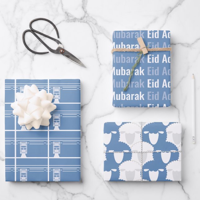 Baby Blue Eid Adha Mubarak Kaaba Sheep Pattern Wrapping Paper Sheet (Front)