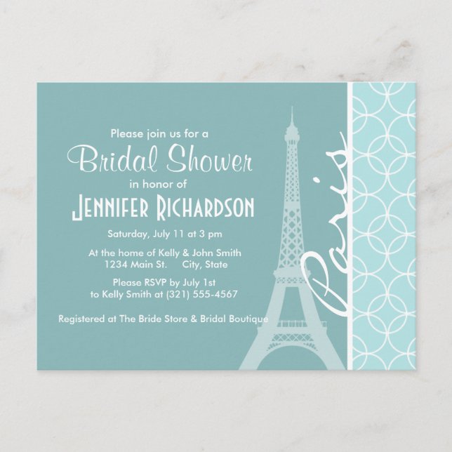 Baby Blue Eiffel Tower; Paris Invitation Postcard (Front)