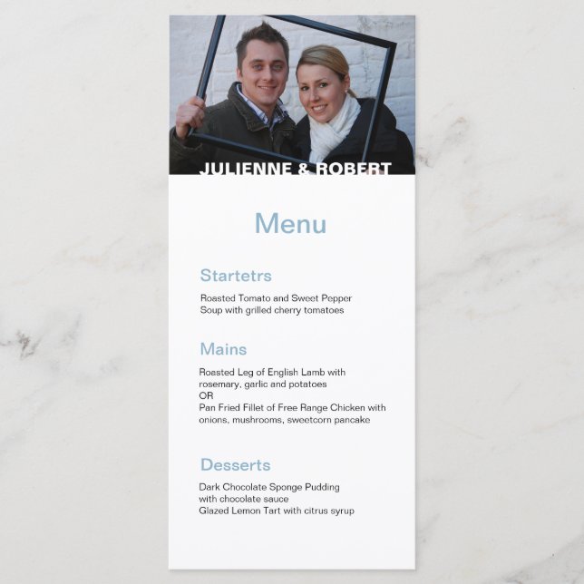 Baby Blue Elegant Modern Photo Wedding Menu (Front)