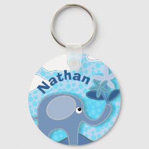 Baby Blue Elephant and Flower Personalised Key Ring