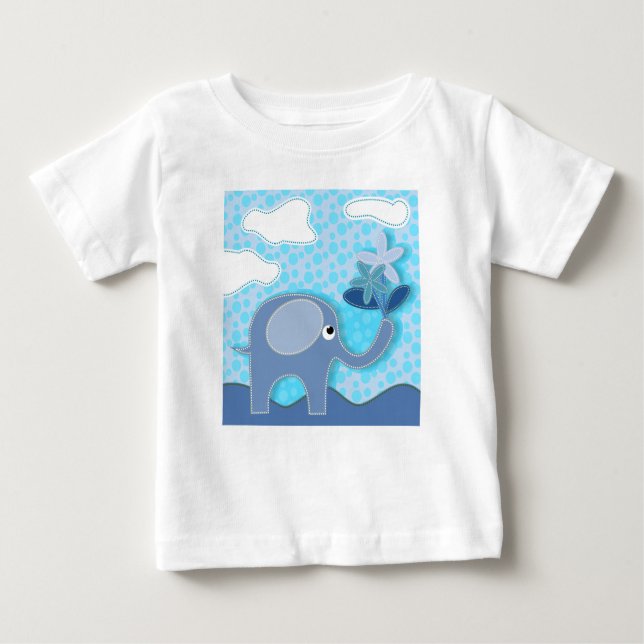 Baby Blue Elephant and Flowers Baby T-Shirt (Front)