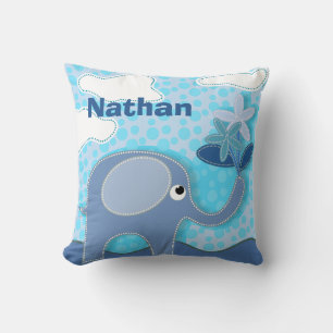 Baby Blue Elephant and Flowers Personalised Cushion