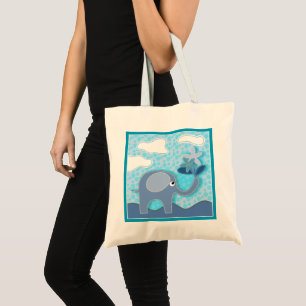 Baby Blue Elephant and Flowers Tote Bag