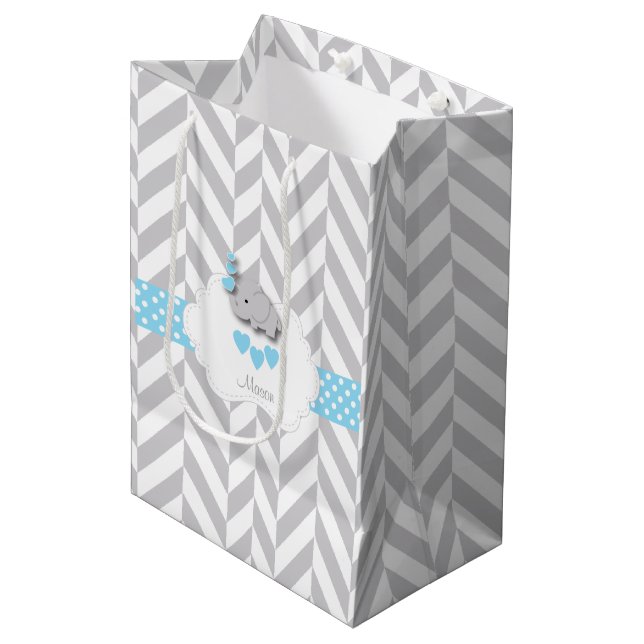 Baby Blue Elephant Design - Baby Boy Shower Medium Gift Bag (Front Angled)