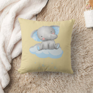 Baby Blue Elephant On Yellow Throw Pillow