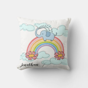 Baby Blue Elephant Rainbow Clouds Throw Pillow
