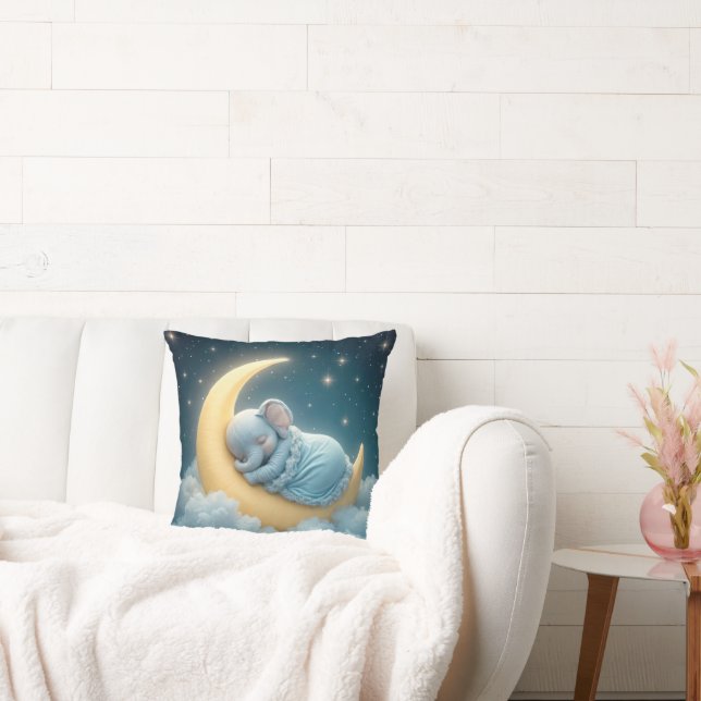 Baby Blue Elephant Sleeping on a Crescent Moon Cushion (Couch)