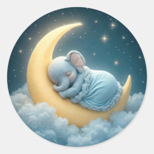Baby Blue Elephant Sleeping on a Moon Classic Round Sticker