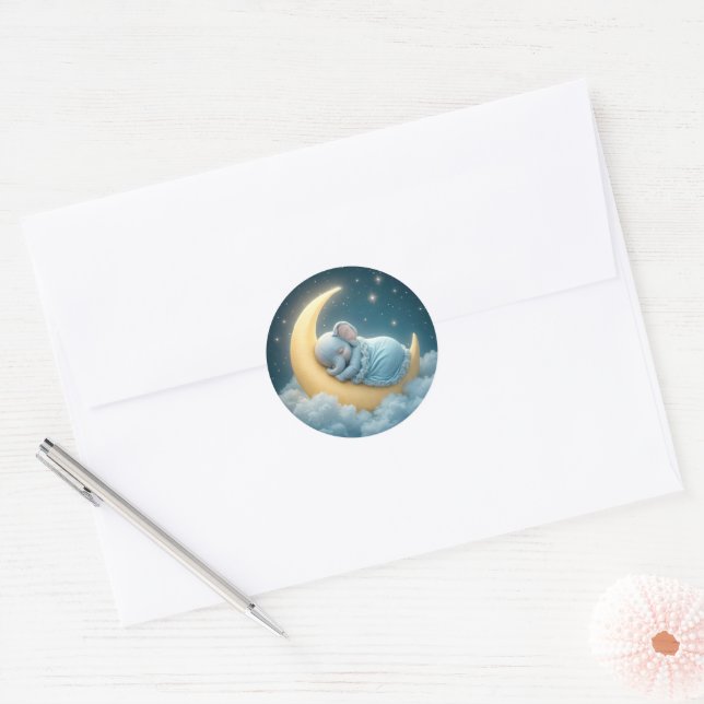 Baby Blue Elephant Sleeping on a Moon Classic Round Sticker (Envelope)