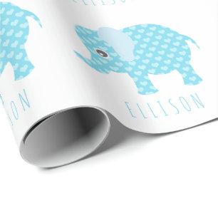 Baby Blue Elephants Pattern Boys Baby Shower Name Wrapping Paper