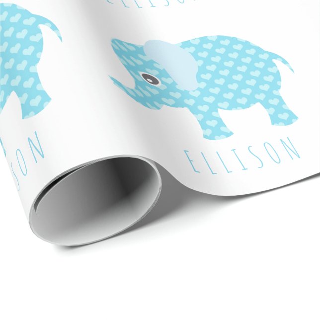 Baby Blue Elephants Pattern Boys Baby Shower Name Wrapping Paper (Roll Corner)