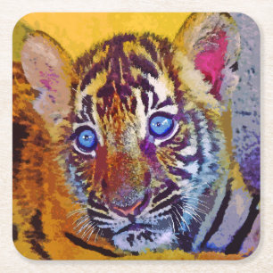 Baby Blue Eyes Tiger Cub Square Paper Coaster