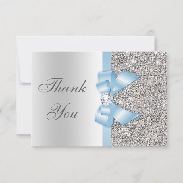 Baby Blue Faux Bow Silver Sequins Thank You Card (Front)