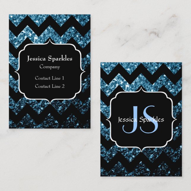 Baby blue faux glitter sparkles Chevron Monogram Business Card (Front/Back)
