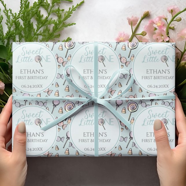 Baby Blue First 1st Birthday Candy Theme  Wrapping Paper (Sweet Little One Babys First Birthday Blue Candy Theme Gift Wrap. Cute Hand Drawn Candies Lollipops)