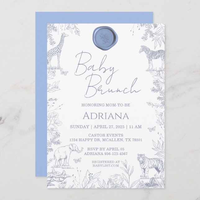 Baby Blue Floral & Animal Motif Baby Shower Invite (Front/Back)