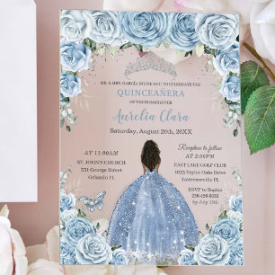 Baby Blue Floral Brown Princess Silver Quinceañera Acrylic Invitations