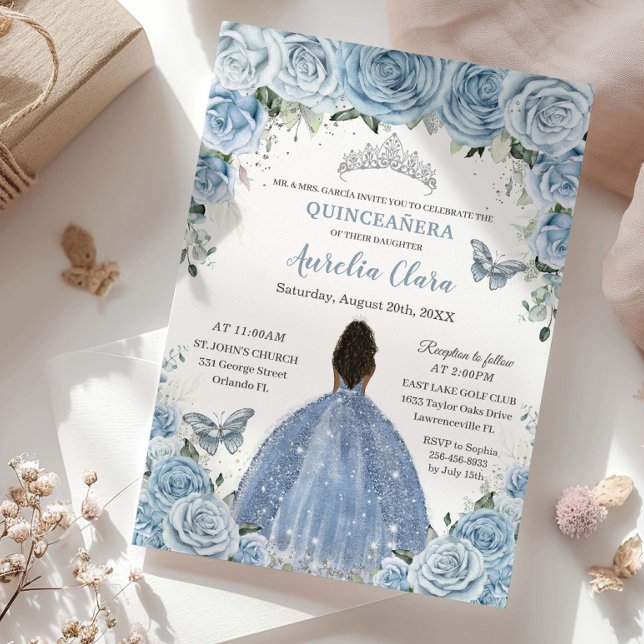 Baby Blue Floral Brown Princess Silver Quinceañera Invitation (baby-blue-floral-brown-african-princess-silver-quinceanera-Quinceañera-15-birthday-sweet-16-invite)