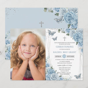 Baby Blue Floral Butterflies Christening Baptism  Invitation