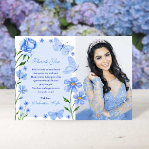 Baby Blue Floral Butterflies Photo Quinceañera Thank You Card