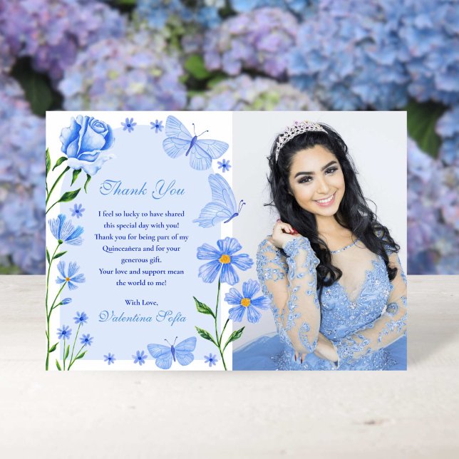 Baby Blue Floral Butterflies Photo Quinceañera Thank You Card (Baby Blue Floral Butterflies Photo Quinceañera Thank You Card)