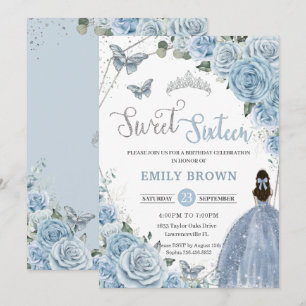Baby Blue Floral Butterflies Princess Sweet 16 Invitation