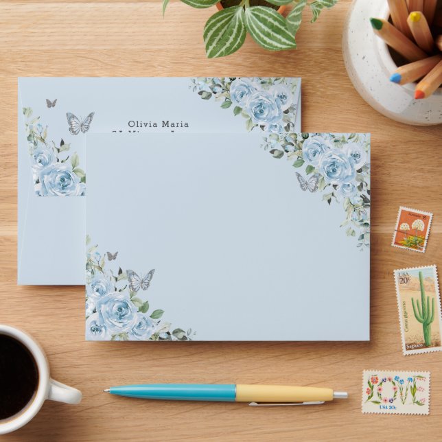 Baby Blue Floral Butterflies Quinceañera Birthday Envelope (Desk)