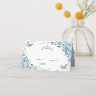 Baby Blue Floral Butterflies Quinceañera Birthday Place Card
