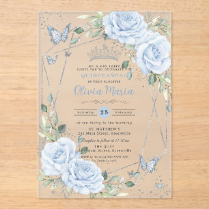 Baby Blue Floral Butterflies Silver Quinceanera Acrylic Invitations