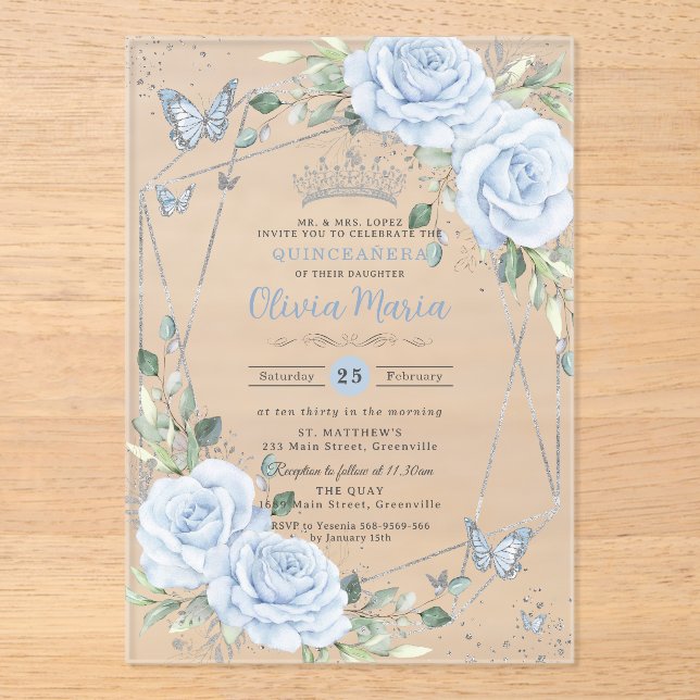 Baby Blue Floral Butterflies Silver Quinceanera Acrylic Invitations (Front)
