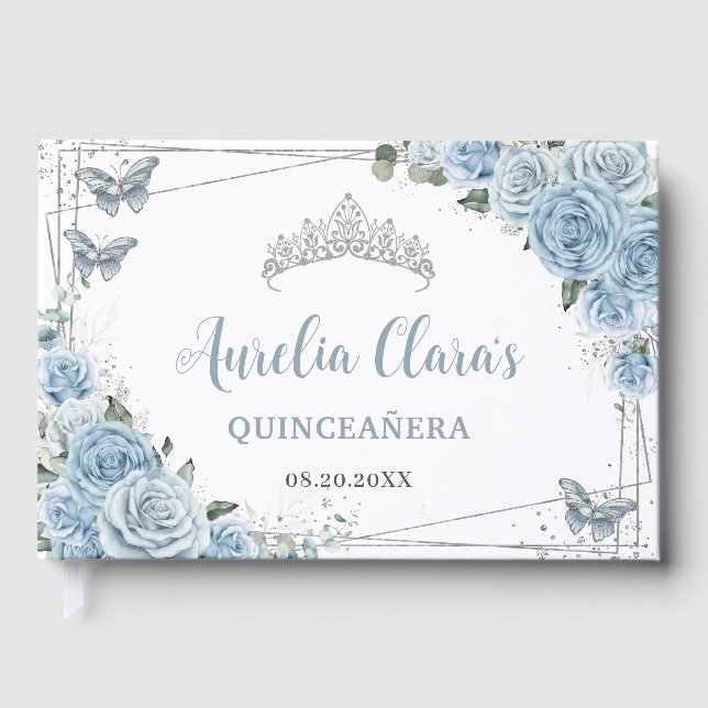 Baby Blue Floral Butterflies Silver Quinceañera Guest Book (Front)