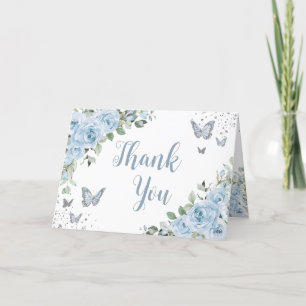 Baby Blue Floral Butterflies Silver Quinceañera Thank You Card