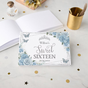 Baby Blue Floral Butterflies Silver Sweet Sixteen  Guest Book