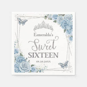 Baby Blue Floral Butterflies Silver Sweet Sixteen Napkin