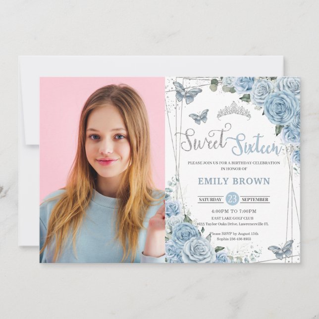 Baby Blue Floral Butterflies Sweet sixteen 16th In Invitation (Front)