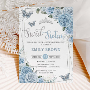 Baby Blue Floral Butterflies Sweet sixteen 16th Invitation