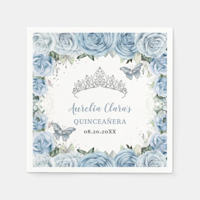 Baby Blue Floral Butterflies Tiara QUINCEAÑERA  Napkin (Front)