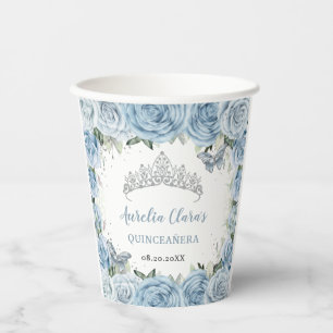 Baby Blue Floral Butterflies Tiara QUINCEAÑERA  Paper Cups