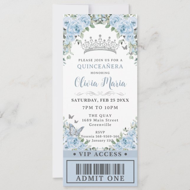Baby Blue Floral Butterfly Quinceañera VIP Ticket Invitation (Front)