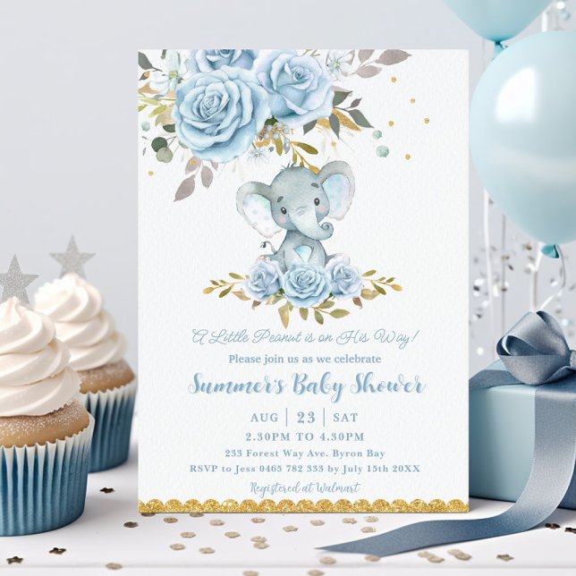 Baby Blue Floral Cute Elephant Boy Baby Shower Invitation (Creator Uploaded)